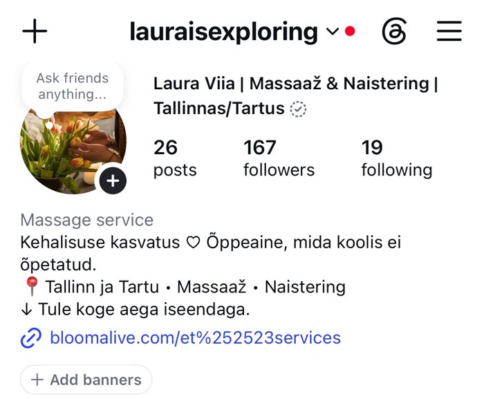 Laura Instagrami profiil 14 päeva pärast: 26 postitust, 167 jälgijat