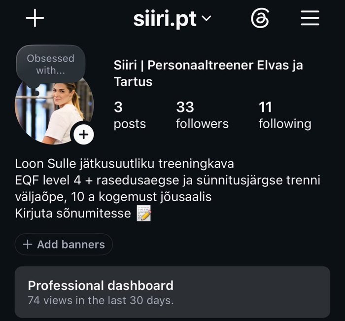 Siiri Instagrami profiil enne challenge'it: 33 jälgijat, 74 vaatamist