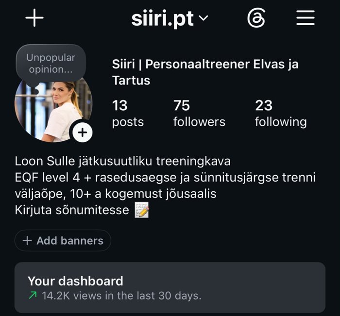 Siiri Instagrami profiil 14 päeva pärast: 75 jälgijat, 14 200 vaatamist